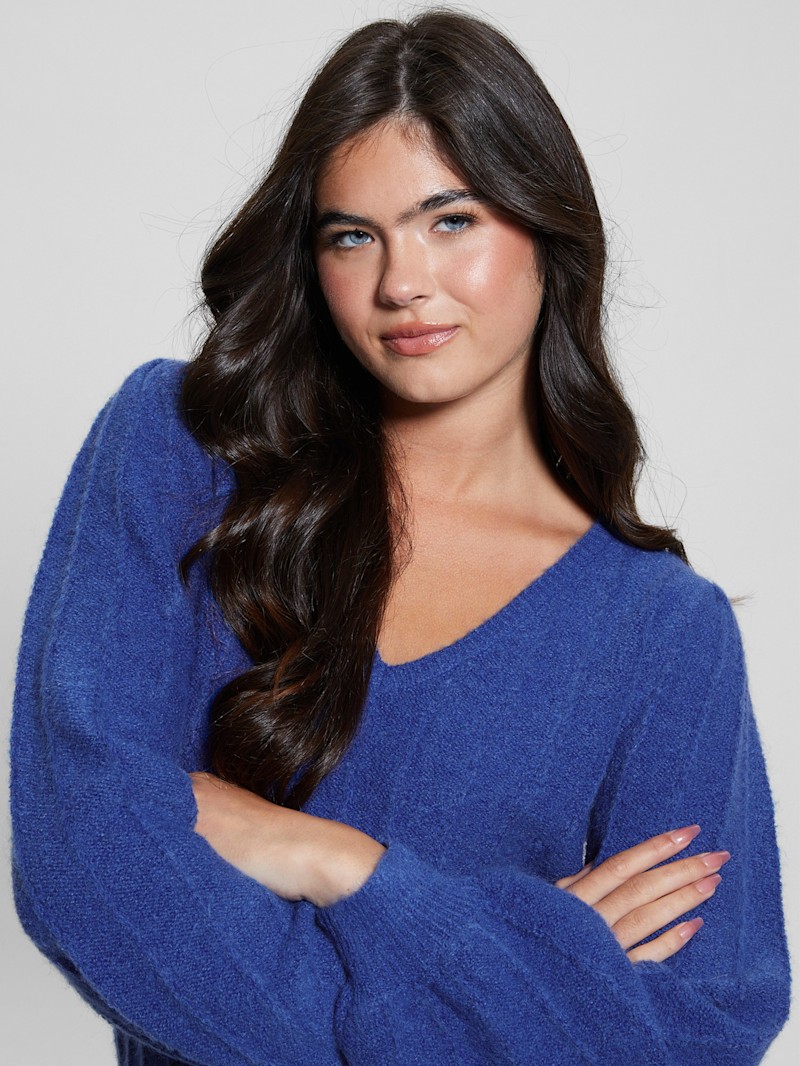 売れ筋商品|||ゲス ニット&セーター アウター レディース Women's Natsumi Eyelash-Texture V-Neck Sweater Cobalt Blue Multi Women Y2K Floral Print Knit Cardigan Sweater Long Sleeve V