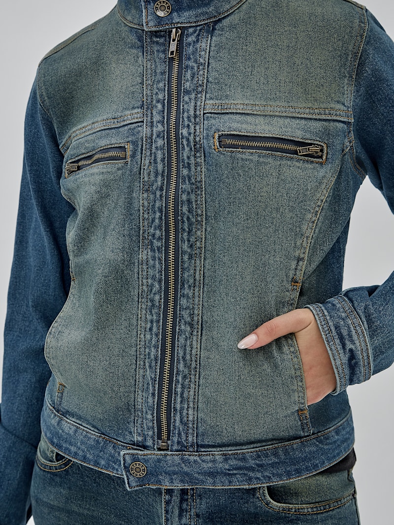 VINTAGE WASHED DENIM ZIP MOTO JACKET 【L】 08-12-