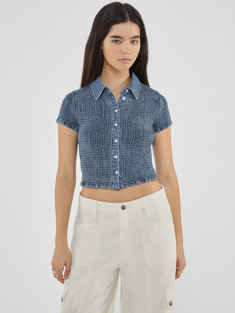 ブラウス シャツ GUESS Originals Smocked Button Up 半袖 デニムシャツ レディース GUESS Originals Smocked Button Up 半袖 デニムシャツ | GUESS