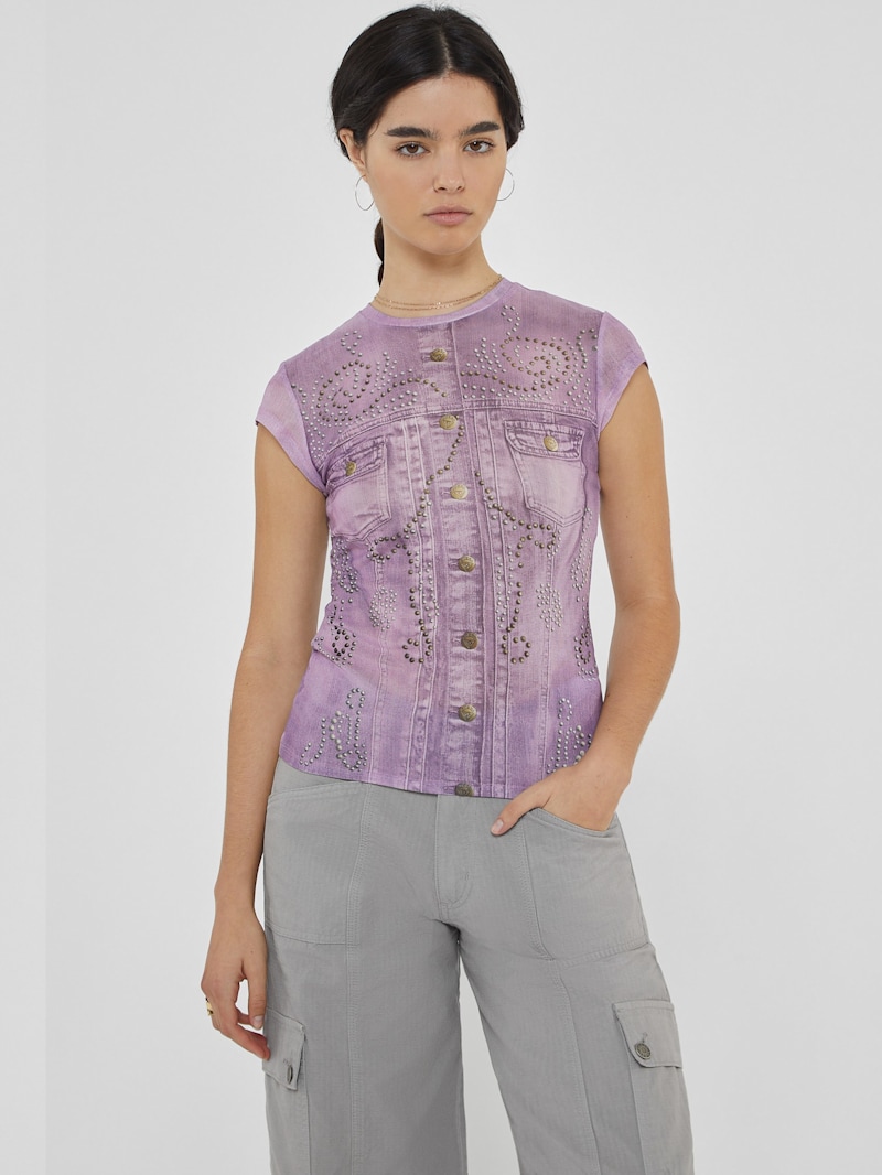 ゲス Guess 【 Charm Top Women 】 ファッション レディースファッション トップス その他トップス レディース GUESS Originals Printed Stud and Denim Mesh Top | GUESS