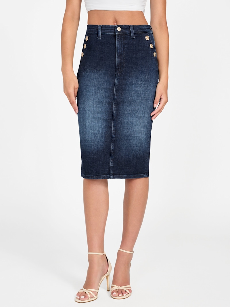 なりこ　W 3STP DRP SKRT Eco Riley Denim Pencil Skirt | GUESS