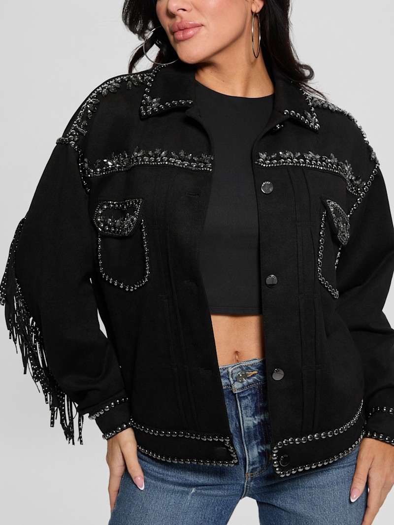 エリカ Angelica Faux-Suede Studded Fringe Jacket | GUESS