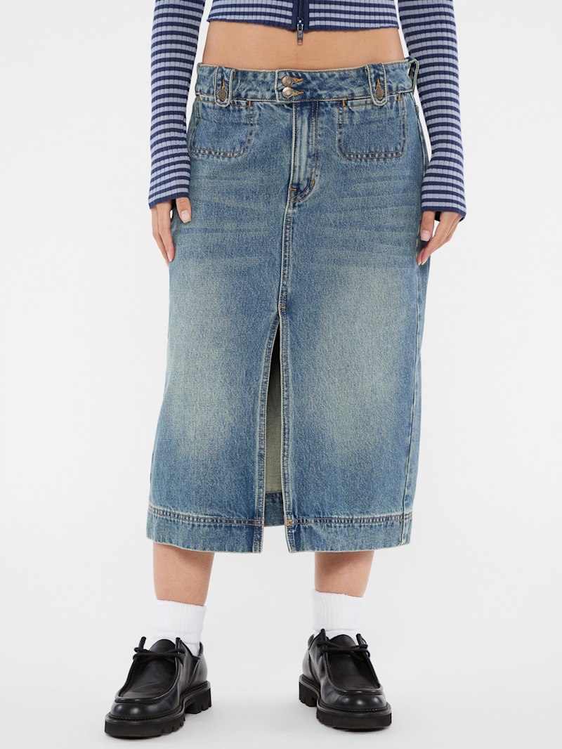 【COLOR iN ID】Knee slit strap denim Reversible Side Slit Skirt - Blue | Levi's® RO