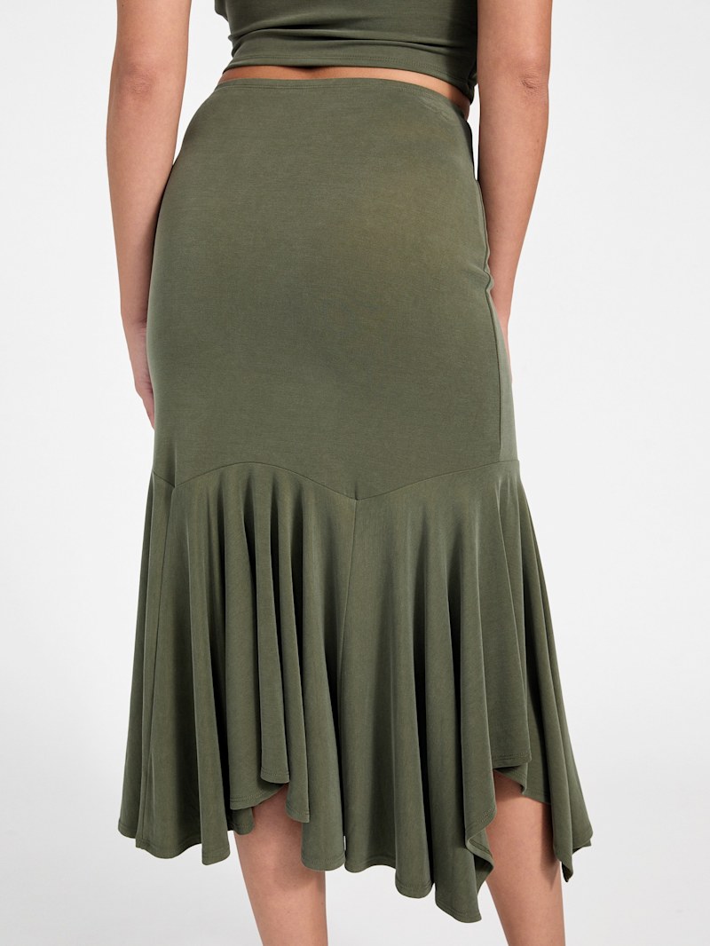 【AAKE】VERTICAL FRILL MIDI SK Eden Square Neck Ruffle Trim High Waist Midi Dress