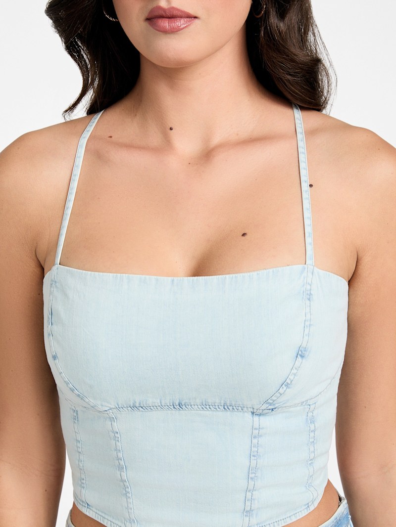 売れ筋商品|||ゲス カットソー トップス レディース Women's Nikki Denim Tie-Back Cropped Top Whimsy Blu Niki Denim Crop Top | GUESS