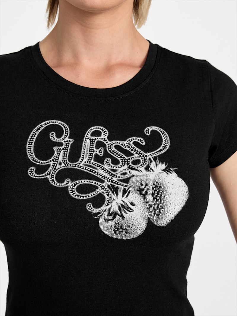 Eco Strawberry Logo Rhinestone Tee | GUESS