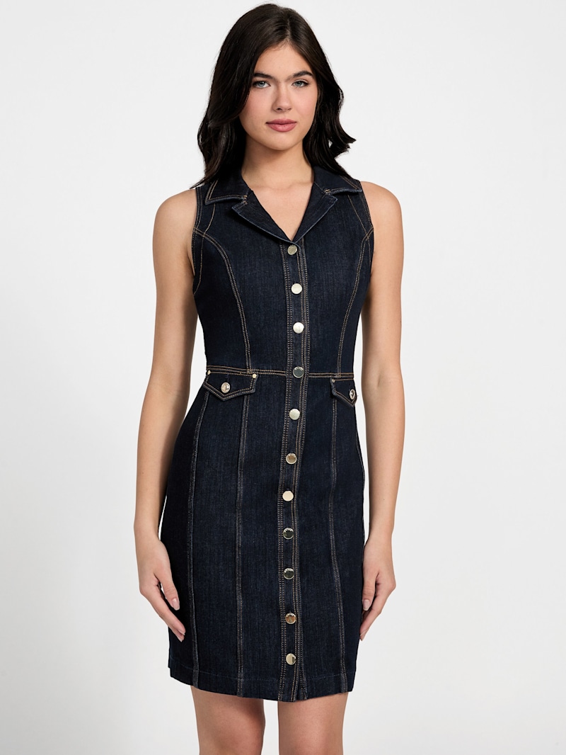 ワンピース   JEANS Woman Dress Black J20J225577 BEH Baroque Buckle Midi Denim Dress | VERSACE US