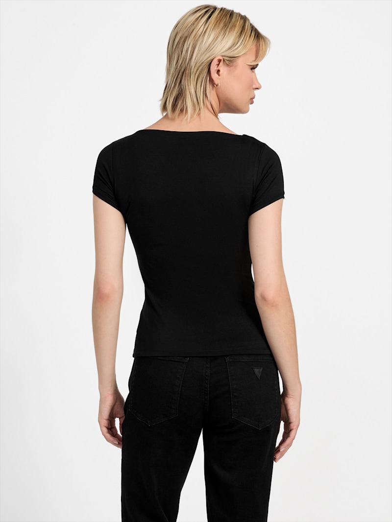 売れ筋商品|||ゲス カットソー トップス レディース Women's Joey Cutout Cap-Sleeve Top Jet Black A996 Eco Joey Cutout Top | GUESS