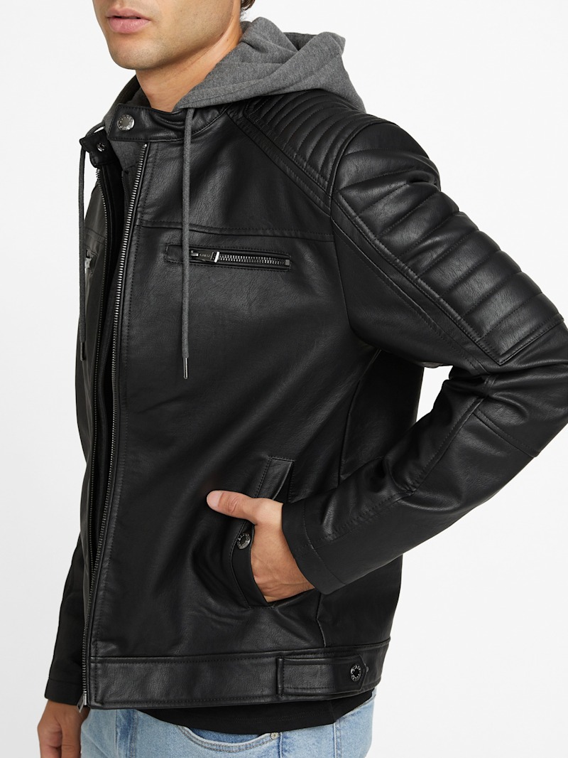 David Faux-Leather Hooded Jacket | GUESS Factory