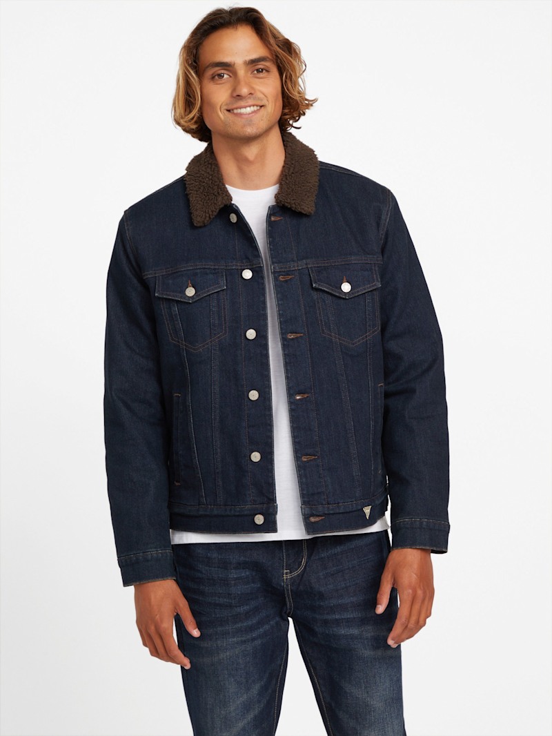 GUESS ダークブラウン ボア襟 スエードジャケット Braun Sherpa Lined Denim Jacket | GUESS Factory