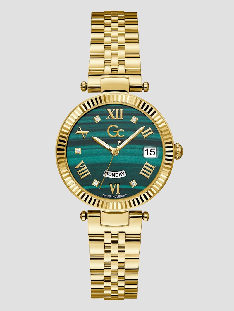 Gc Gold-Tone and Green Analog Watch GUESS