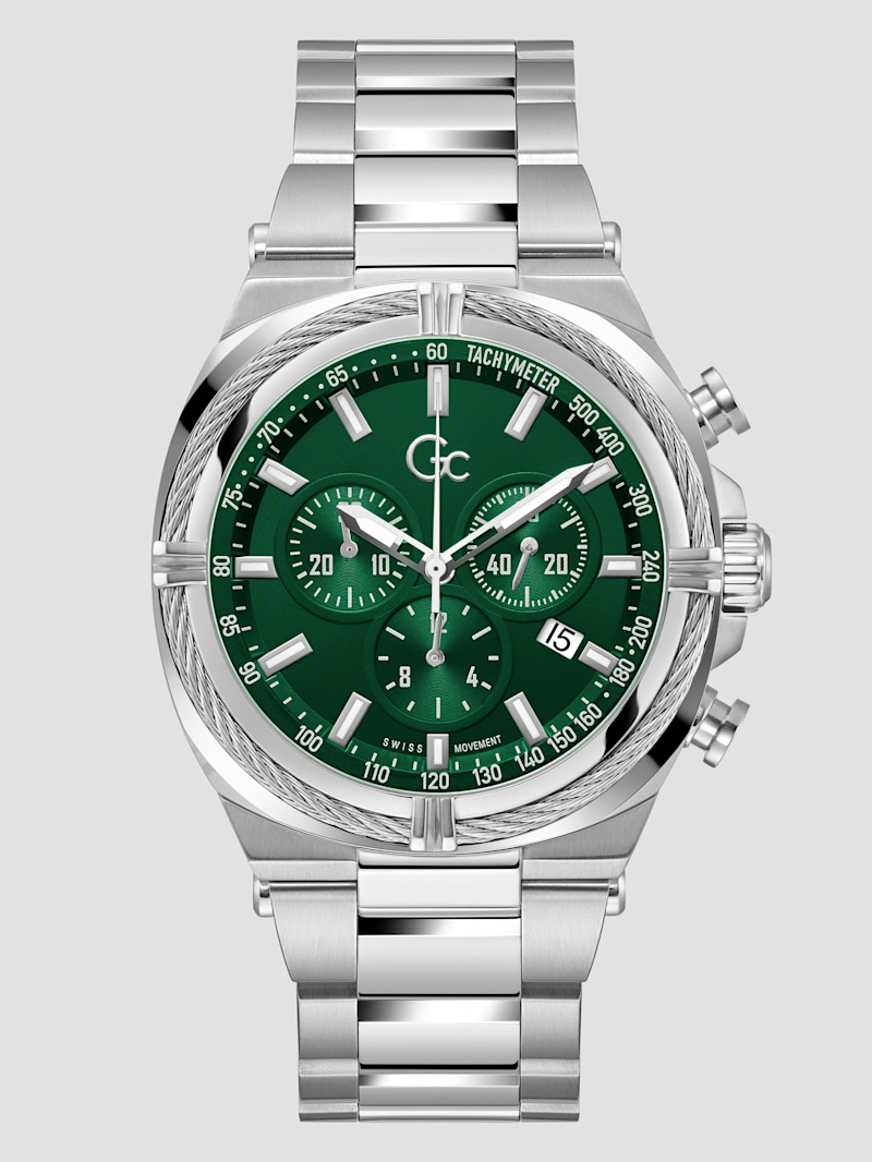 Gc Silver-Tone and Green Chronograph Watch | GUESS