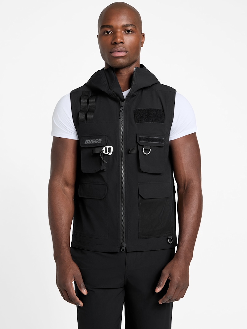 【BAON】[unisex] Gento Two-Way String Over Hood Vest Bargains men's Sleeveless Zip Up Hooded Vest - Burgundy 42