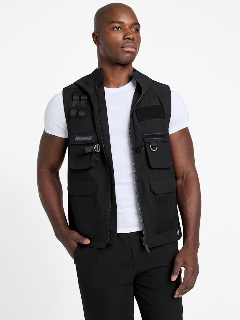 【BAON】[unisex] Gento Two-Way String Over Hood Vest Bargains men's Sleeveless Zip Up Hooded Vest - Burgundy 42