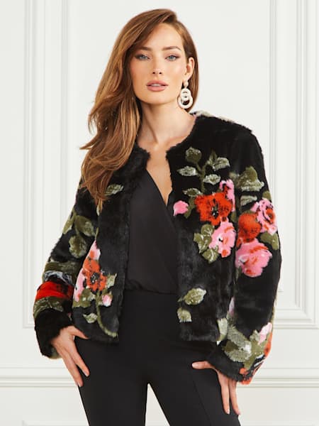 Corsage Faux-Fur Floral Jacket