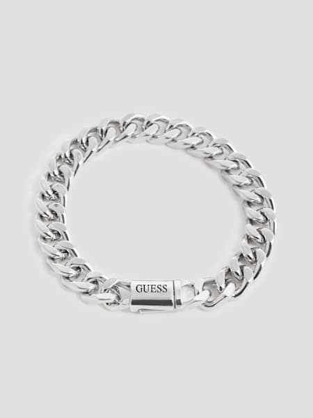 Silver-Tone Curb Chain Logo Bracelet
