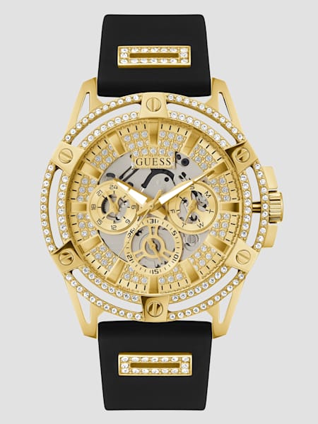 Cut-Through Gold-Tone and Black Silicone Multifunction Watch