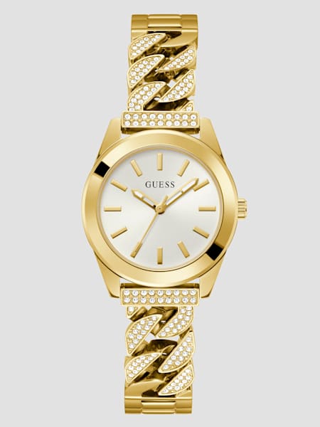 Gold-Tone Crystal Curb Chain Analog Watch