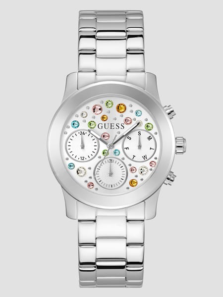 Silver-Tone Colored Crystal Multifunction Watch
