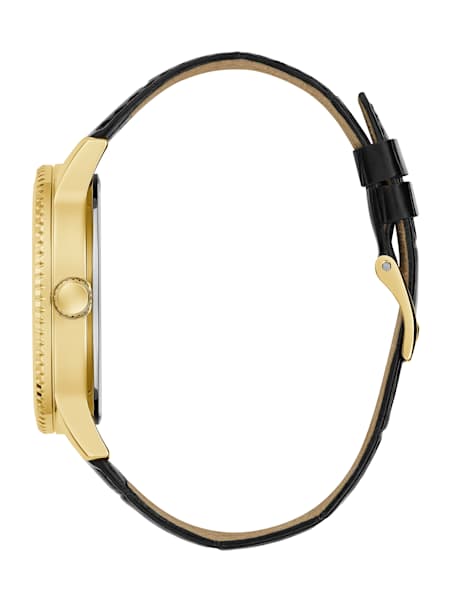 Gold-Tone and Black Analog Leather Watch