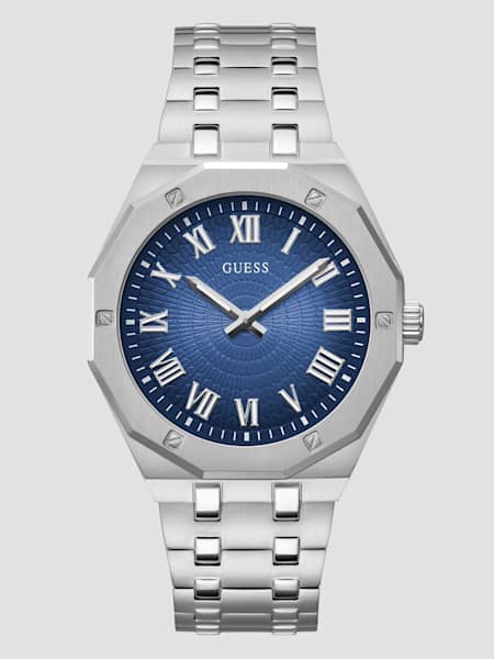 Silver-Tone and Blue Octagonal Analog Watch