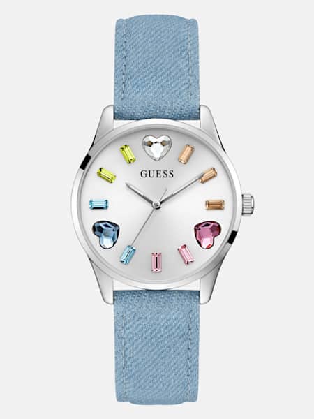 Montre analogique argentée à cœurs bleus