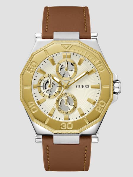 Two-Tone and Brown Leather Multifunction Watch
