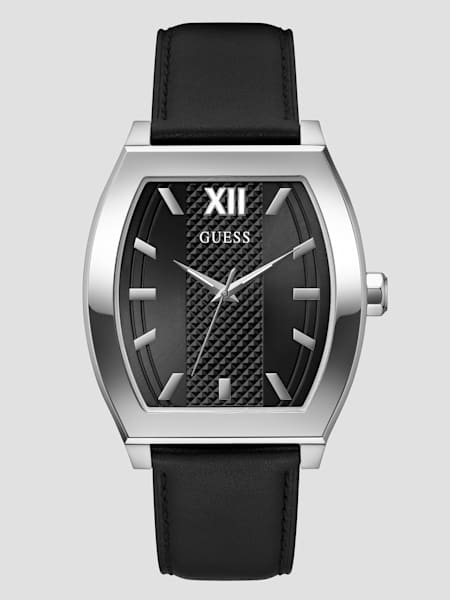 Silver-Tone and Black Leather Analog Watch