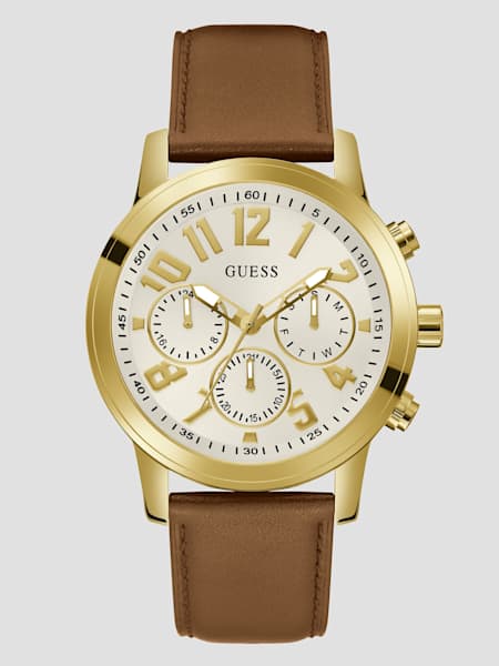 Gold-Tone and Brown Leather Multifunction Watch