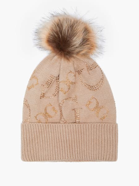 Rhinestone Logo Pom Pom Beanie