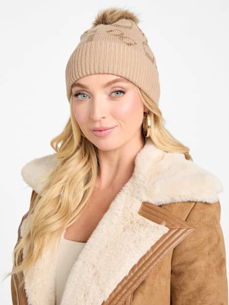 Rhinestone Logo Pom Pom Beanie