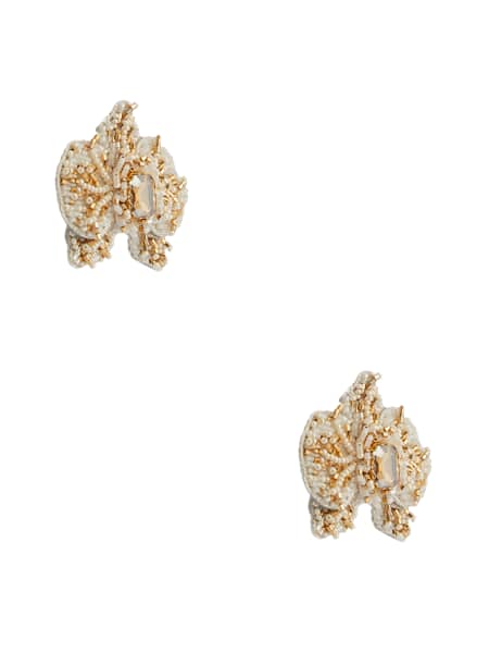 Gold-Tone and White Beaded Orchid Stud Earrings