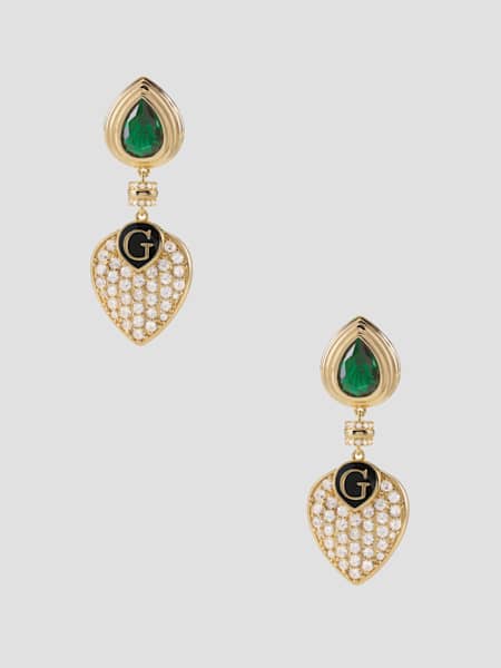 Gold-Tone and Emerald Heart Drop Earrings