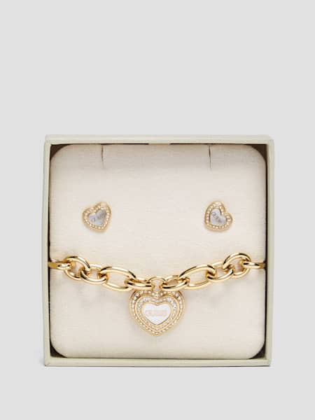 Gold-Tone Pearl Heart Bracelet and Stud Earrings Set