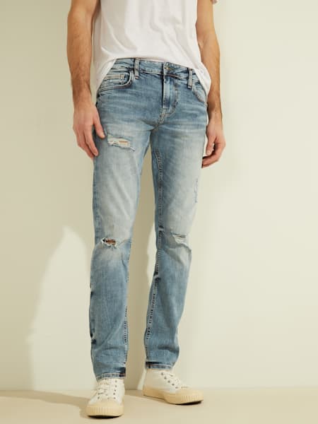 Fseason-Men Cuffed Straight Distressed Fleece Lined Pencil Jeans 