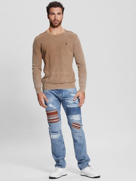 Distressed Patch Straight Jeans