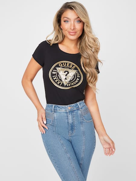 GUESS Factory Womens Marie V-Neck Front Pocket Logo Tee 