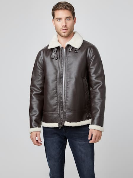 GUESS Factory Mens Sammy Faux-Leather Bomber Jacket