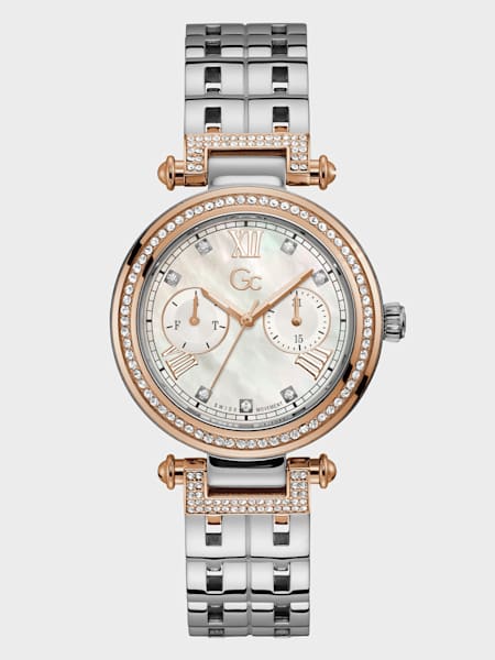 Gc Silver-Tone Crystal Day/Date Watch