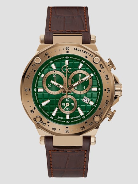 Gc Gold-Tone and Brown Leather Chronograph Watch