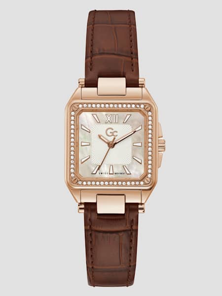 Gc Petite Rose-Gold and Brown Leather Analog Watch