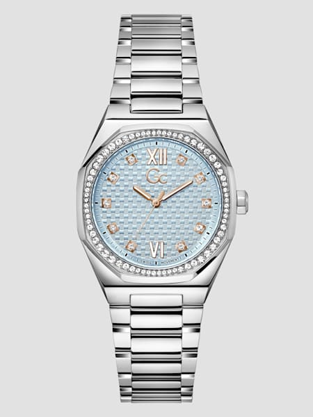 Gc Silver-Tone and Light Blue Crystal Analog Dial