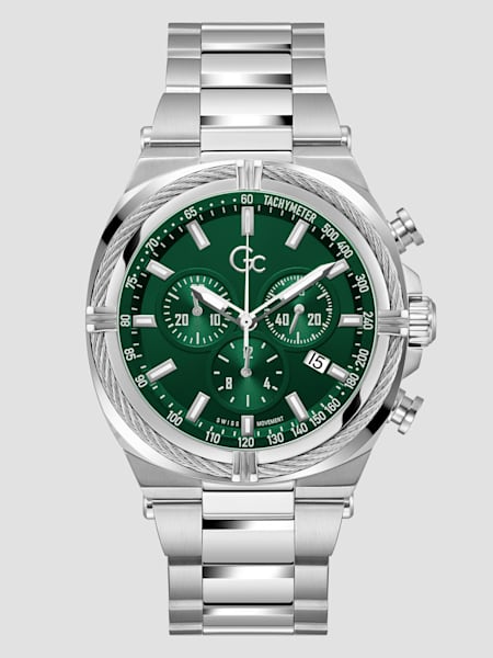 Gc Silver-Tone and Green Chronograph Watch