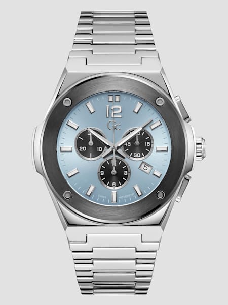 Gc Silver-Tone and Light Blue Multifunction Watch