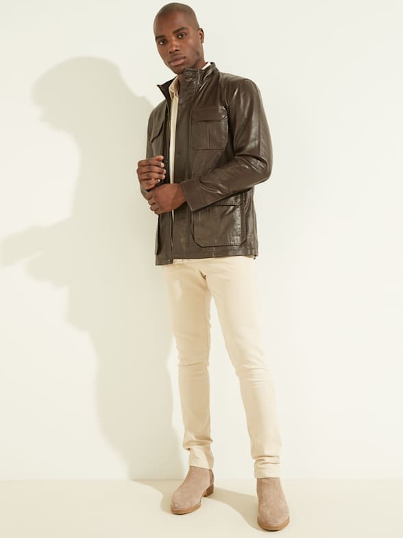 Brown leather jacket guess hot sale