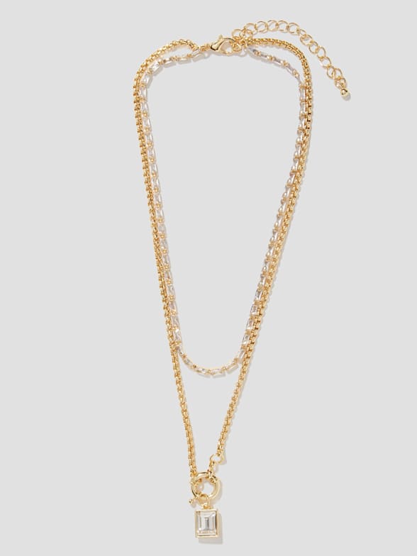 LOCK & SQUARE PENDANT CHAIN-LINK STATEMENT GOLD-TONED LAYERED NECKLACE