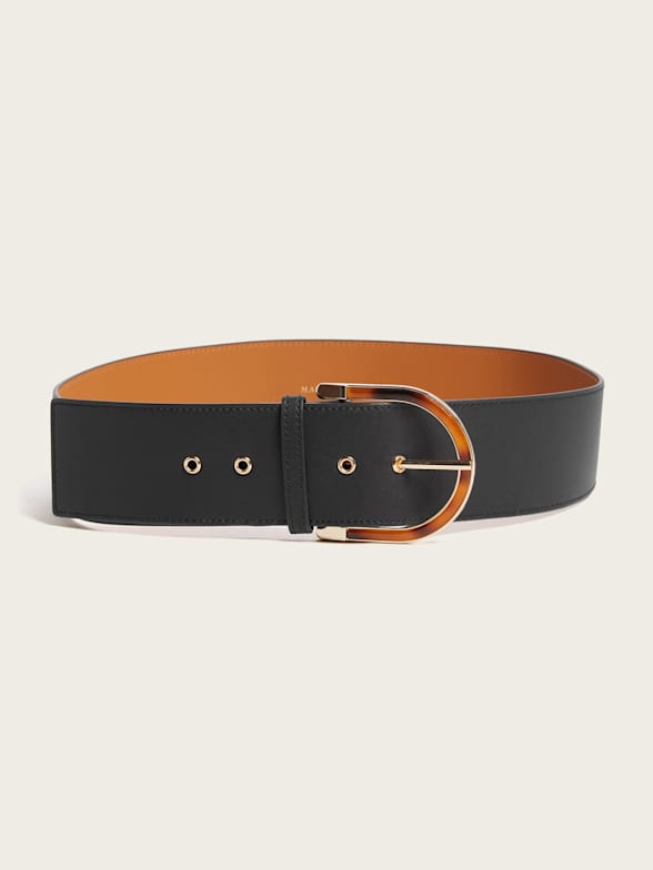 Black leather belt gold buckle women's 2025