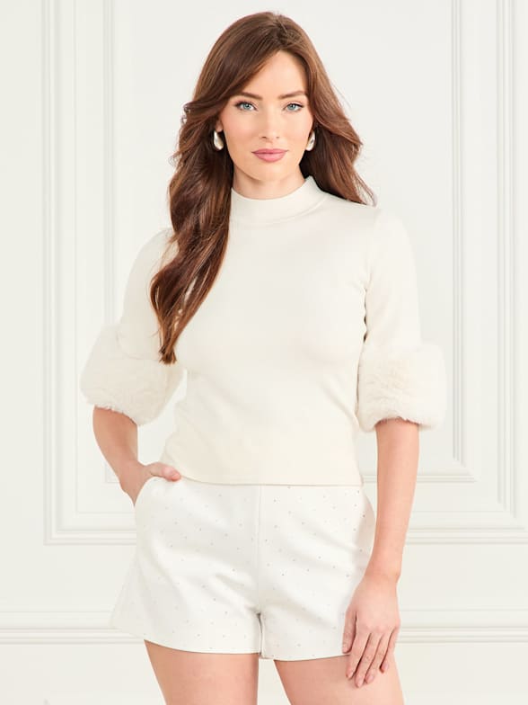売れ筋商品|||ゲス ニット&セーター アウター レディース Women's Usami Boucle Short-Sleeve Sweater Dove White Women's White Sweaters | GUESS