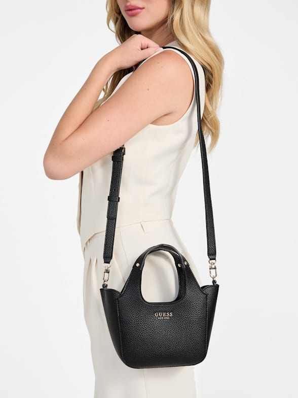 ショルダーバッグ・ポシェット Guess GEN Mini Long Shoulder Bag HP1A3A63 GUESS Women's Katey Handbag Brown Logo Jacquard Mini Top-Zip