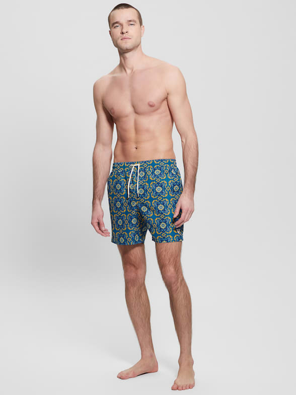 Swim shorts with floral Paisley motif beige